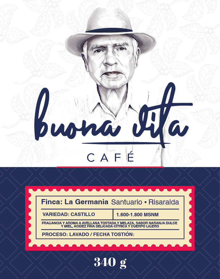 Etiqueta Castillo Buona Vita Café - café colombiano de especialidad variedad Castillo 340g